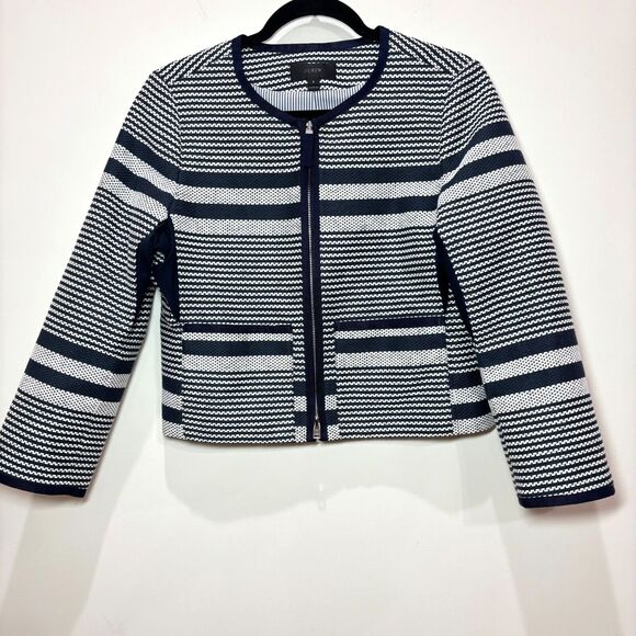 J Crew Striped Knit Jacket Women 6 Navy White Lady Cropped Zip Preppy Nautical - Picture 2 of 12